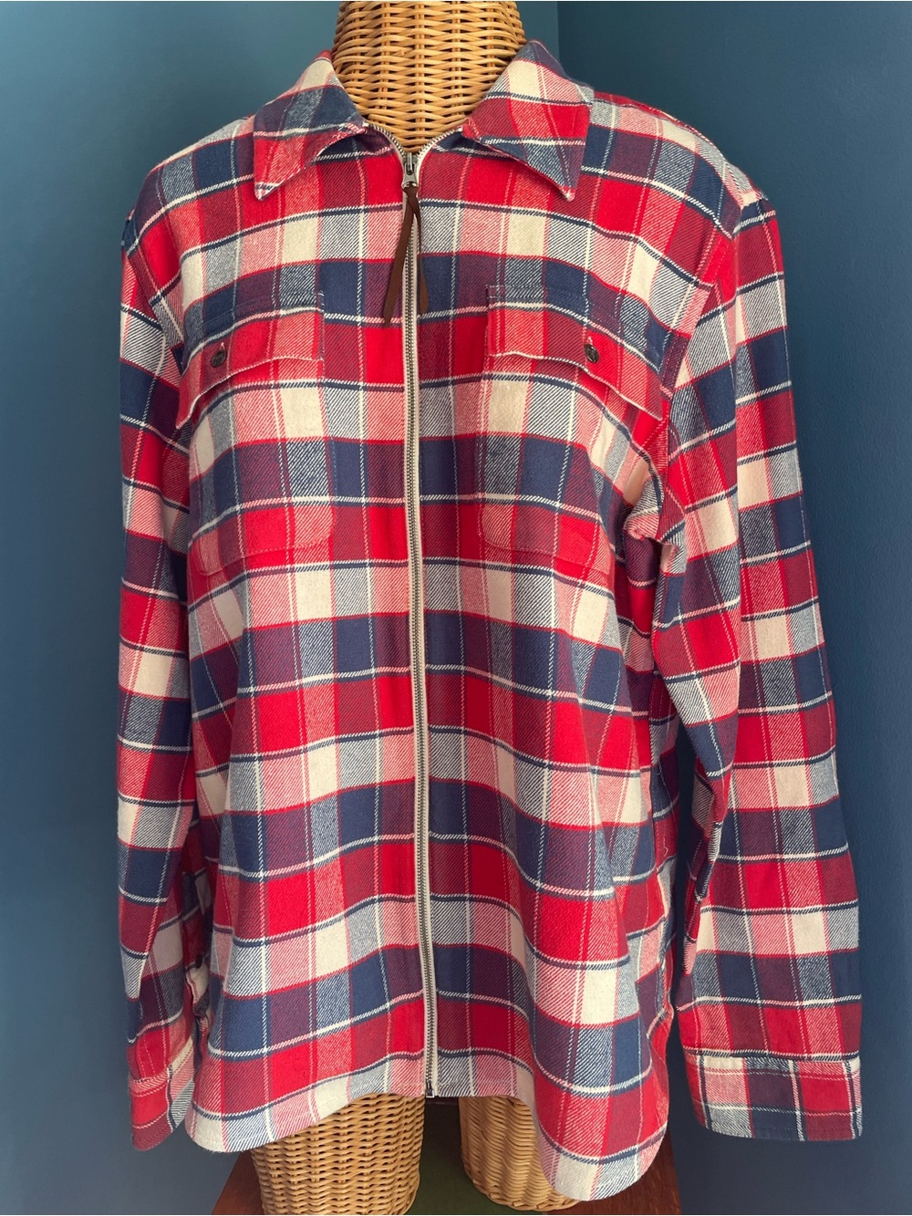 Chaps Denim Plaid Flannel Full Zip Shirt Jacket Shacket Red Navy Cream Size XL